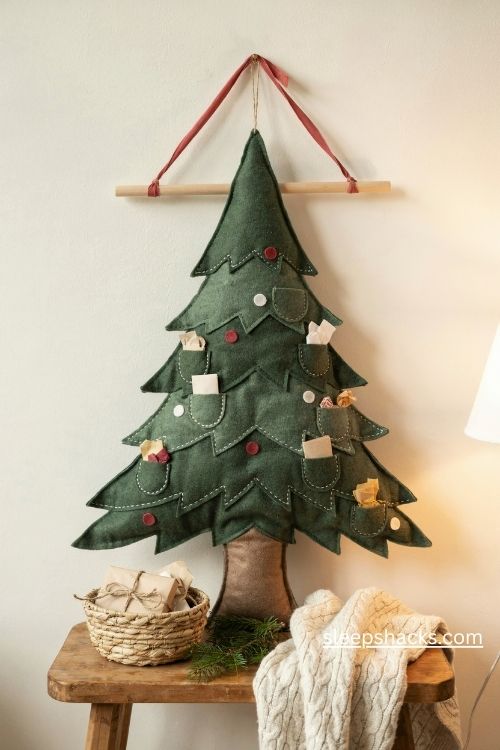 Classic felt Christmas pocket tree with tiny wrapped gifts and handmade white stitching