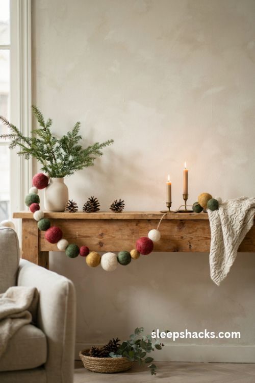 Classic felt ball Christmas garland in red green cream and gold draped across a cozy rustic mantel