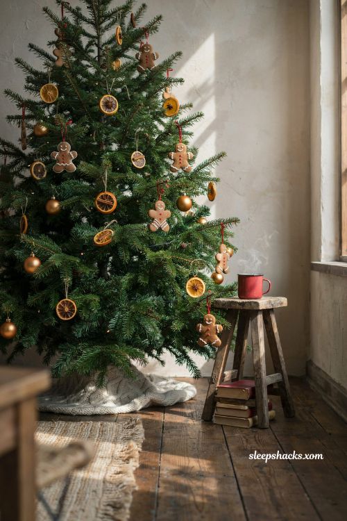 Classic gingerbread man ornaments on a rustic christmas tree in a cozy farmhouse living room