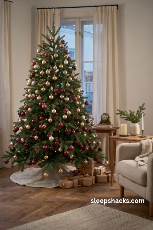 Classic gold and green christmas tree with warm white lights and elegant ornaments