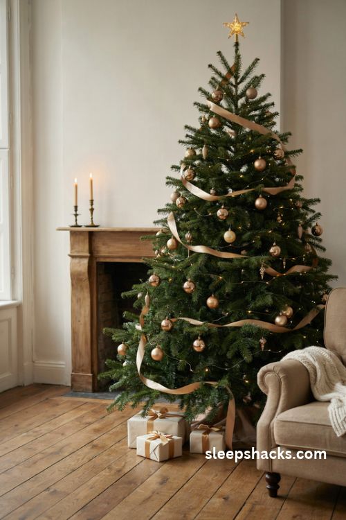 Classic gold christmas tree with warm white lights and elegant gold ribbon
