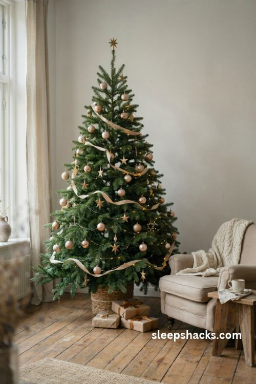 Classic green Christmas tree with warm gold ornaments ribbon and a golden star topper