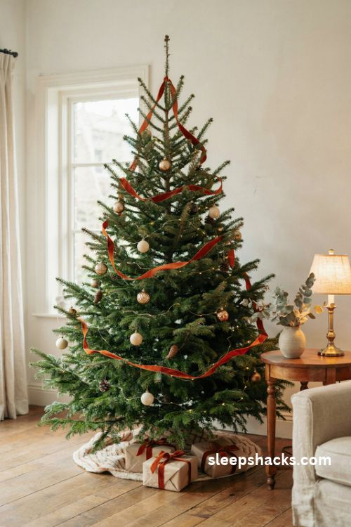 Classic green christmas tree with wide burnt orange ribbon and warm gold ornaments