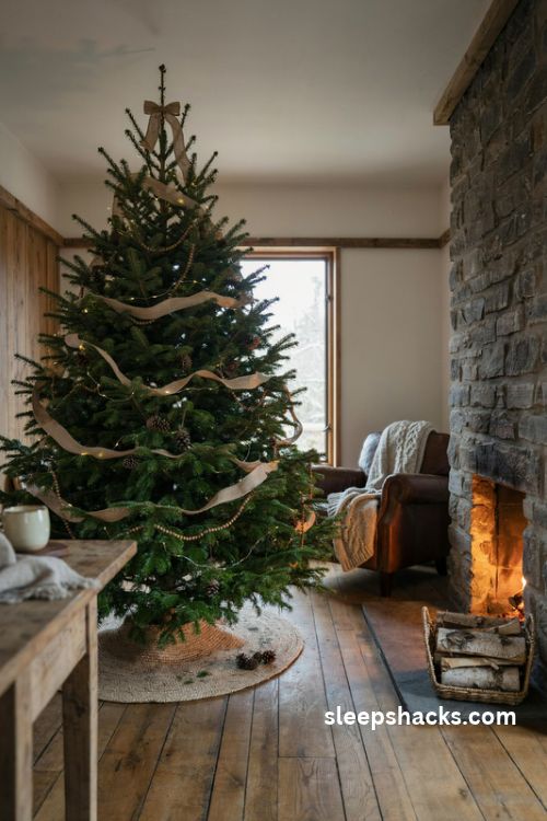 Classic green pine Christmas tree with burlap ribbon wooden beads and pinecones beside a stone fireplace