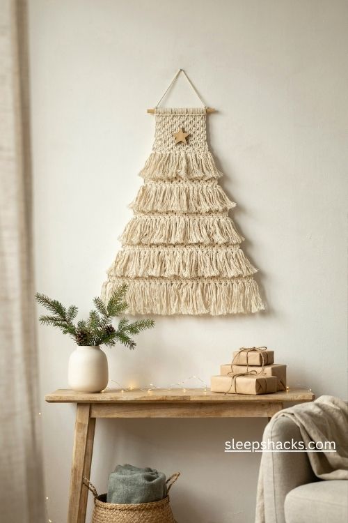 Classic macrame christmas tree wall hanging with fluffy ivory fringe and rustic wooden star