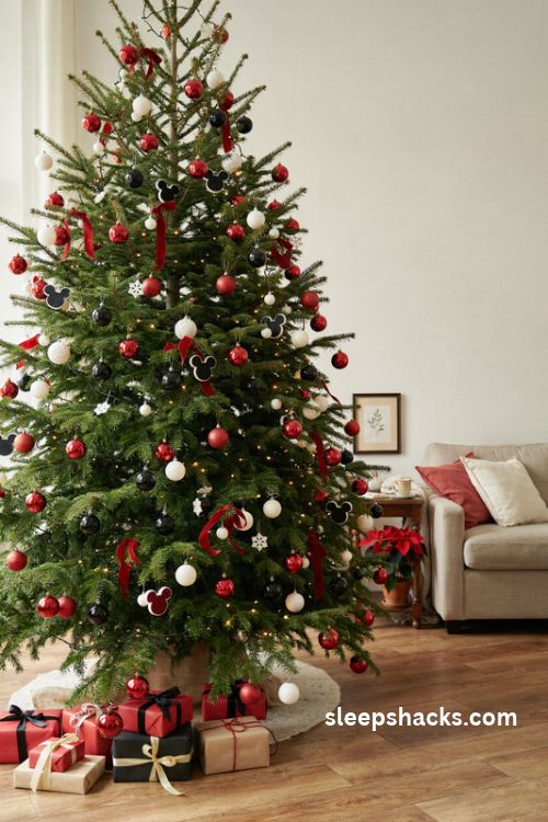 Classic mickey mouse christmas tree with red black and white ornaments