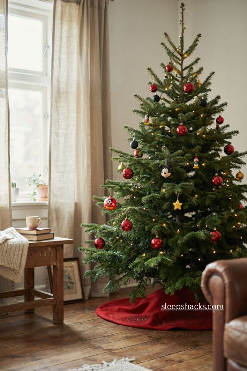 Classic mickey red and black Christmas tree with yellow ornaments and cozy Disney holiday decor 