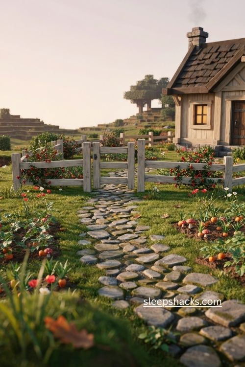 Classic oak fence Minecraft cottage ideas with berry bushes