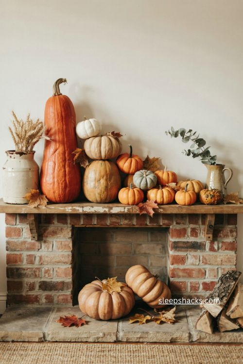 Classic pumpkin fireplace mantel decor with orange and white pumpkins 