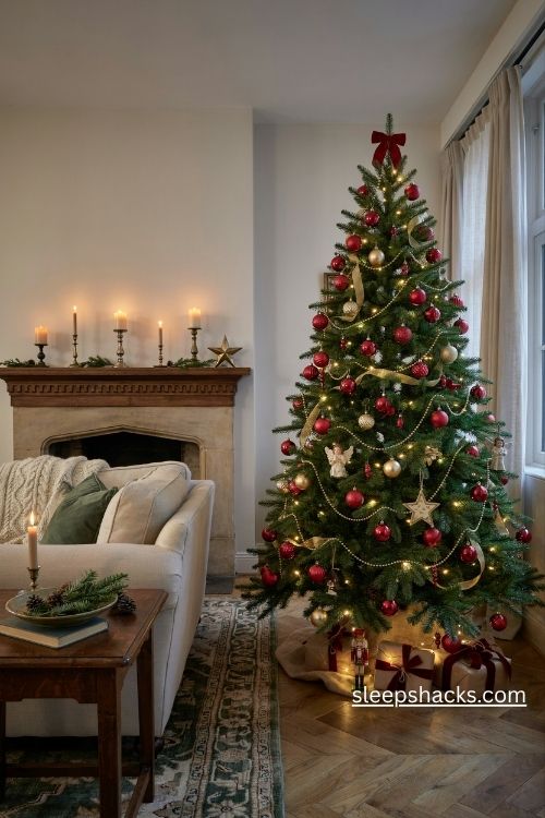Classic red and gold Christmas tree with velvet bows and warm white lights