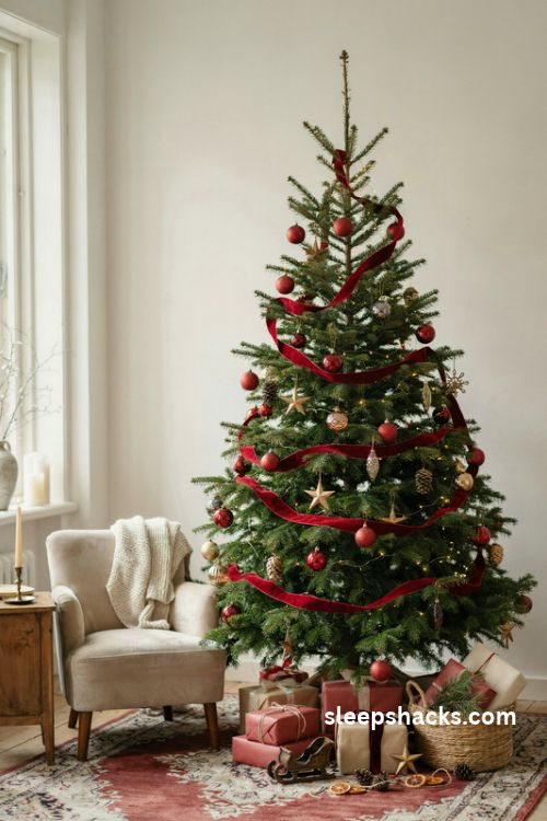 Classic red and gold christmas tree with cranberry ornaments and cascading velvet ribbon