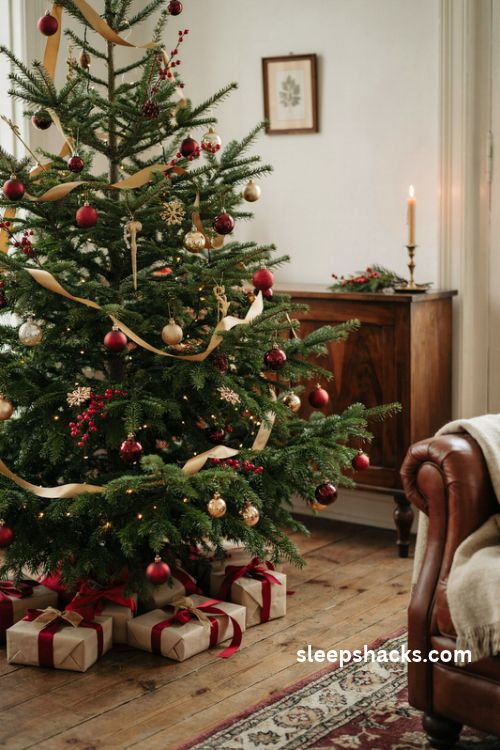 Classic red and gold christmas tree with warm white lights and elegant vintage ornaments