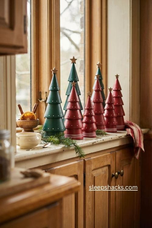 Classic red and green wood christmas trees on a cozy farmhouse kitchen windowsill 