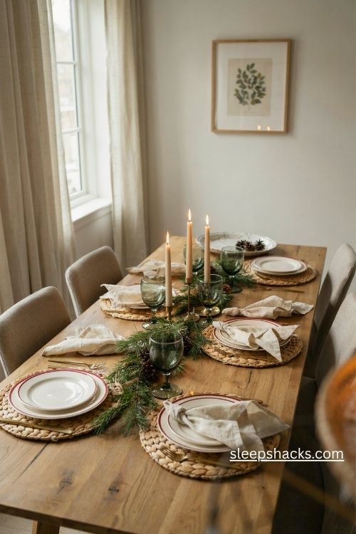 Classic red and white Christmas plates with woven chargers and cozy holiday table decor