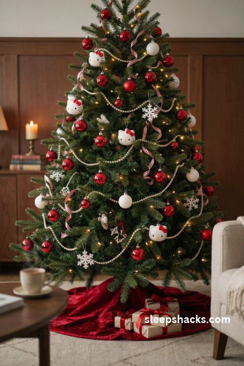 Classic red and white Hello Kitty Christmas tree with striped ribbon white snowflakes and red velvet tree skirt