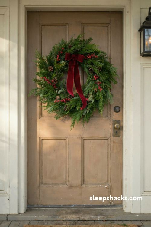 Classic red velvet sash on a lush evergreen Christmas wreath for a warm traditional front door