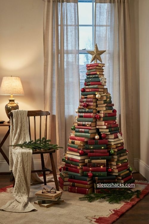 Classic red white and green book christmas tree with vintage holiday ornaments 