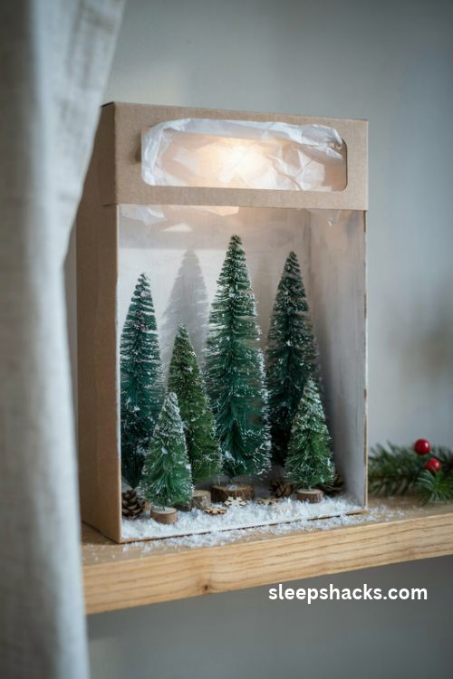Classic shoebox snowy forest Christmas diorama with bottle brush trees and a softly glowing winter window