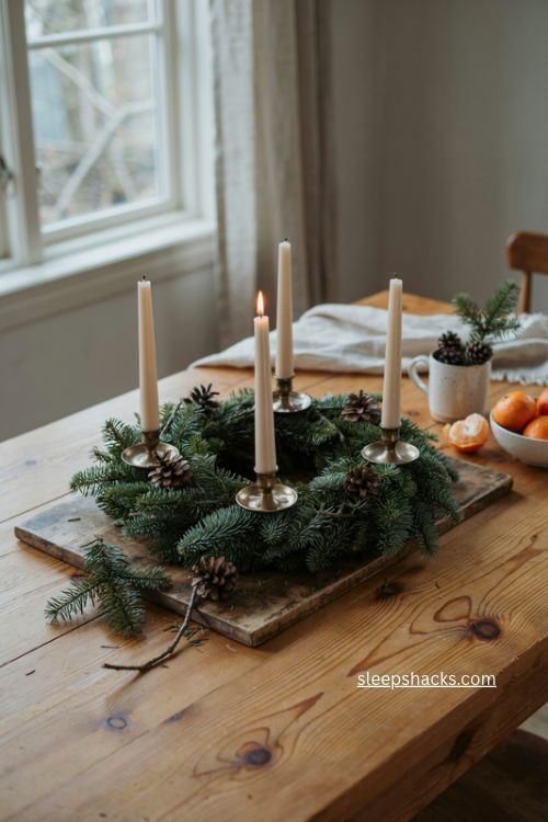 Classic spruce and evergreen christmas advent wreath with four candles on a wooden tray