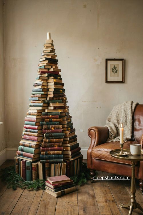 Classic stacked book christmas tree with layered vintage novels and warm lights 