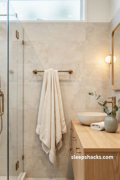 Classic wall mounted towel bar bathroom with ivory towels and brushed brass fixtures