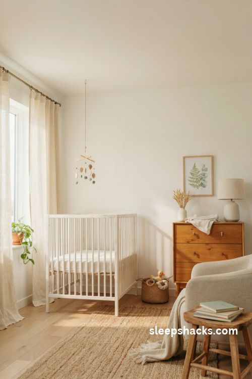 Classic white crib nursery with natural wood furniture and timeless neutral decor