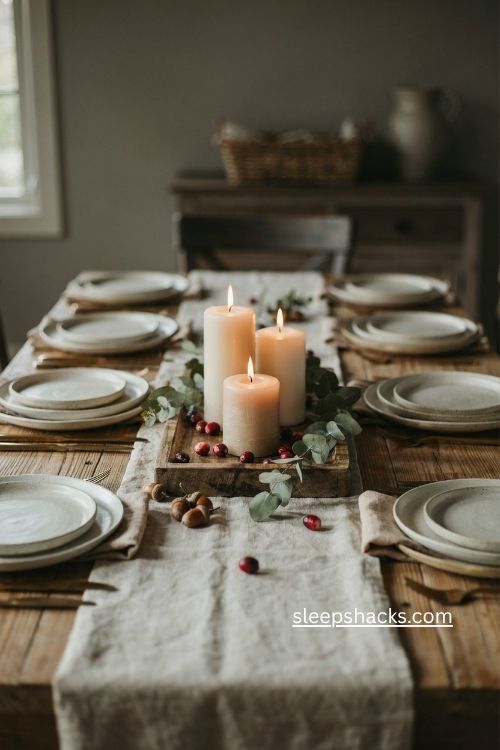 Classic white pillar candles for a simple cozy Thanksgiving table 