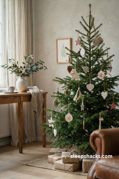 Clay and ceramic Christmas ornaments in warm neutral tones on a natural evergreen tree