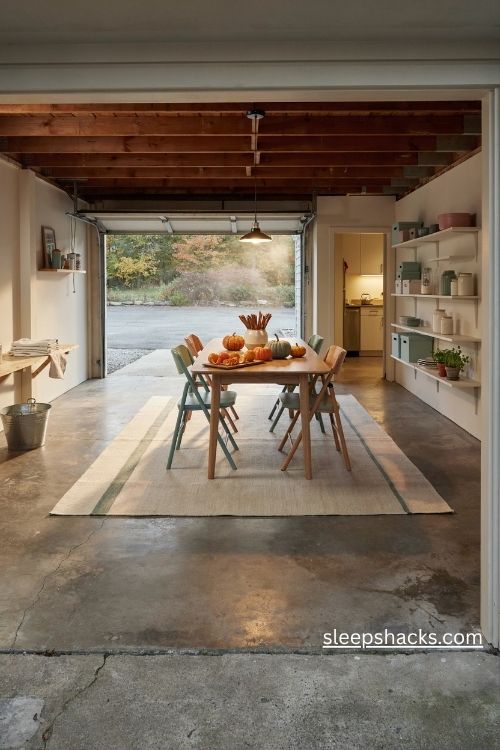 Clean thanksgiving garage setup with a freshly swept concrete floor washable dining rug and warm autumn details