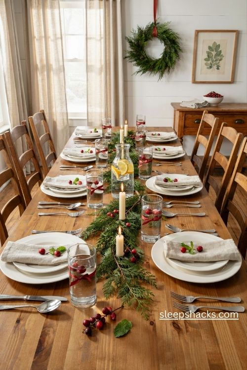 Clear christmas water glasses with cranberries mint and a festive orange water jug