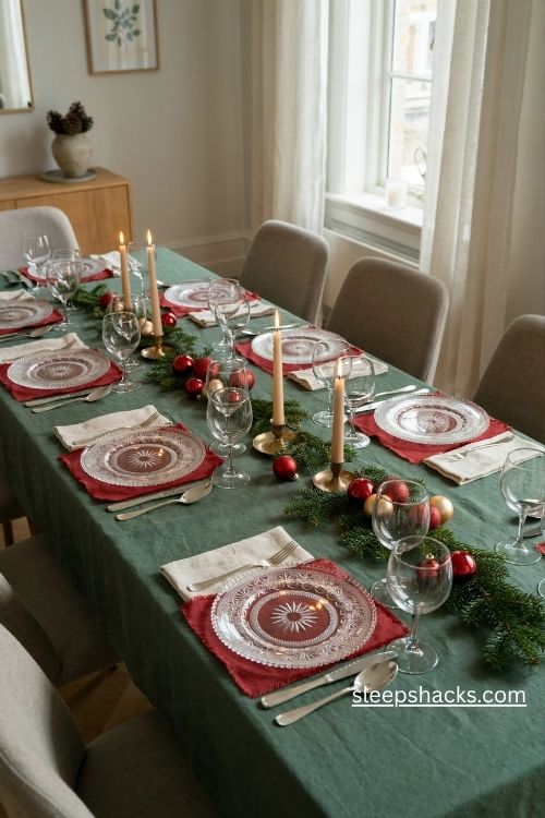 Clear glass christmas plates with beaded edges on a green tablecloth and festive ornaments