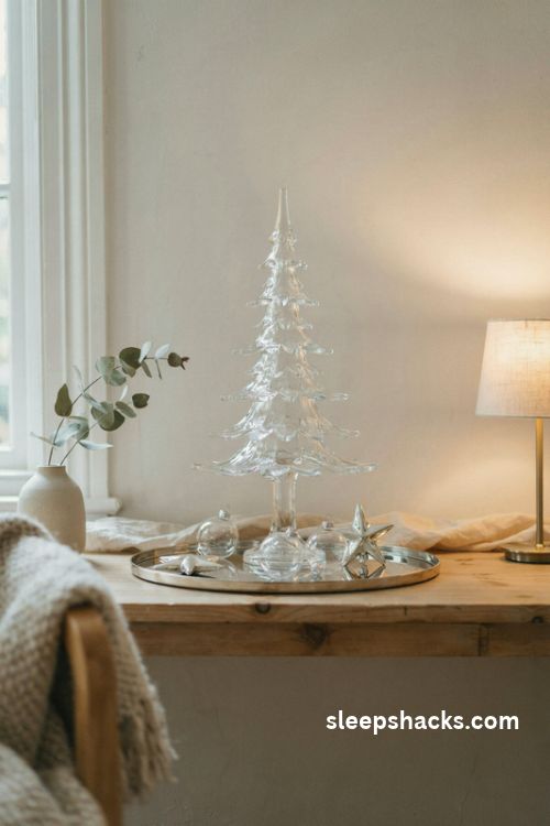 Clear glass christmas tree on a mirrored tray with silver stars and glass ornaments