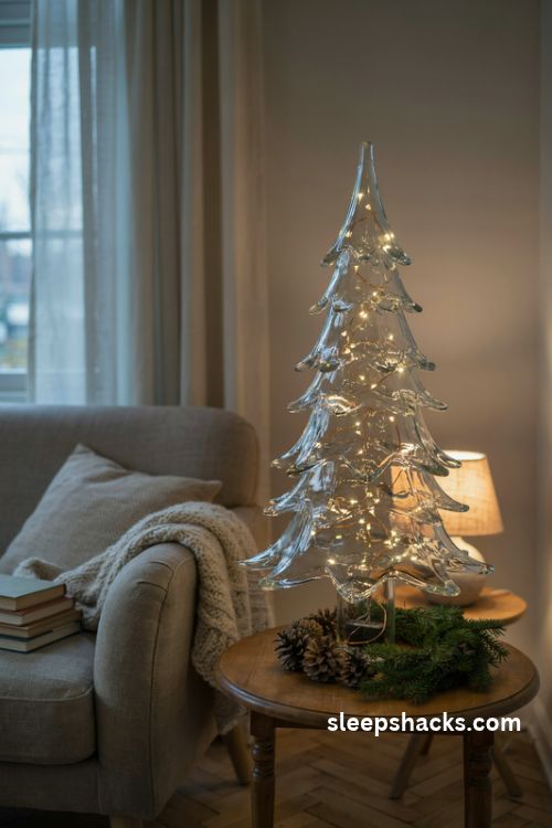 Clear glass christmas tree with warm fairy lights in a cozy reading nook