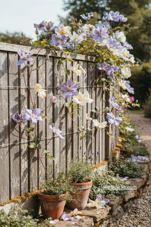 Clematis climbing on simple wire supports along a cottage garden fence