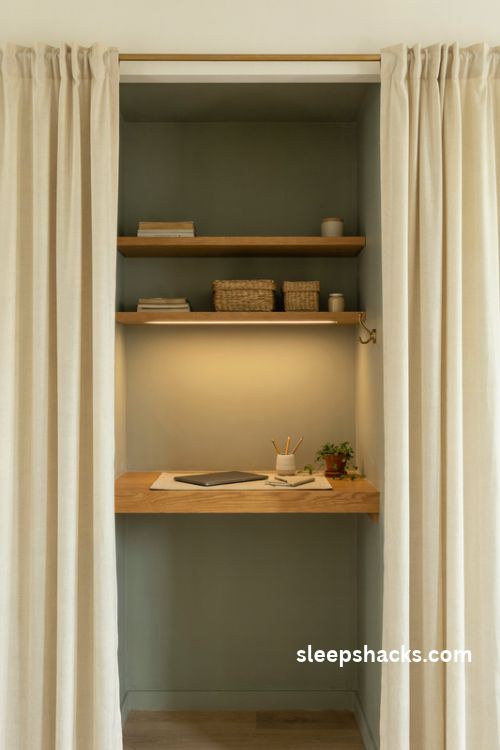 Closet office ideas with a built in desk floating shelves and cozy hidden workspace