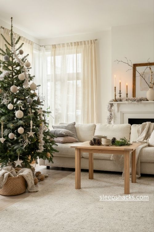 Cloud soft neutral christmas decor with a flocked tree knitted baubles and cozy cream textures