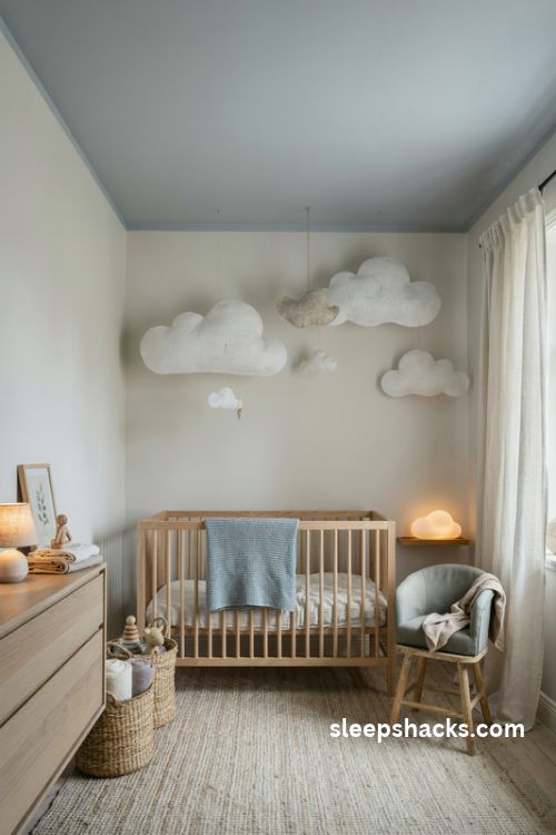 Cloud themed gender neutral nursery with pale blue gray ceiling and soft white decor