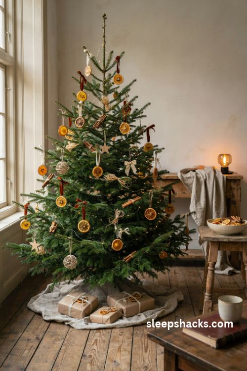 Clove studded dried orange christmas ornaments with rustic ribbon and warm glowing tree lights