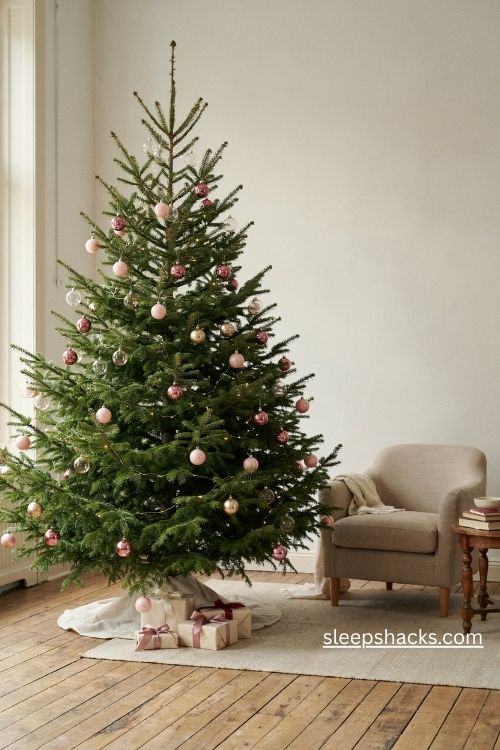 Clustered pink glass christmas ornaments in blush and rose on a natural green tree