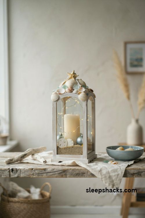 Coastal Christmas lantern with seashells sand dollars and pale blue ornaments in a whitewashed frame