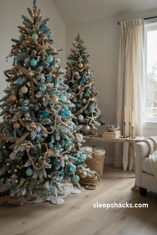 Coastal blue and driftwood brown Christmas tree with sea glass ornaments shells and nautical ribbon