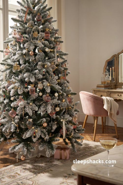Cocktail and perfume bottle christmas ornaments on a glamorous flocked white tree
