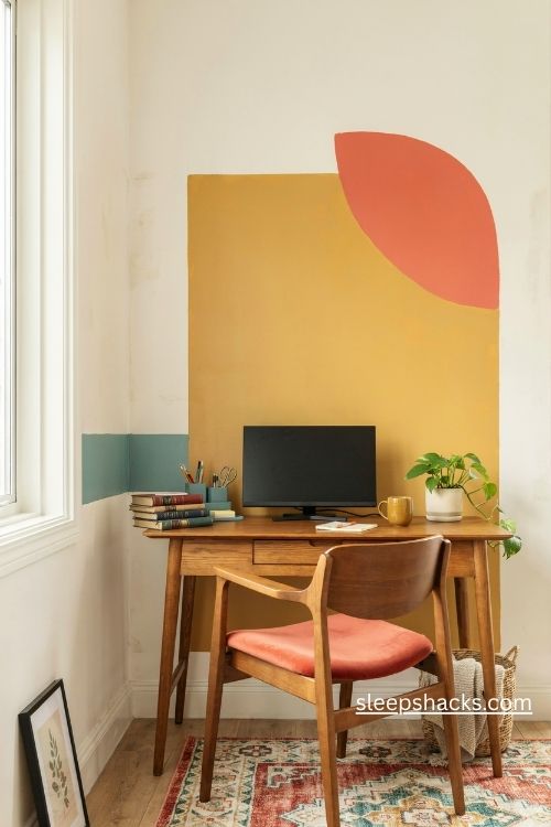 Color blocked accent wall in a funky home office with mustard yellow coral and teal geometric shapes 