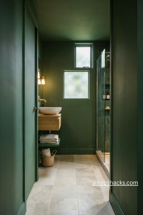 Color drenched ensuite bathroom ideas with deep forest green walls and brass fixtures