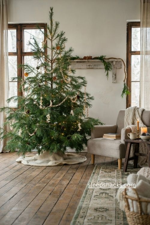 Colorado blue spruce Christmas tree with silvery blue needles and elegant vintage ornaments 