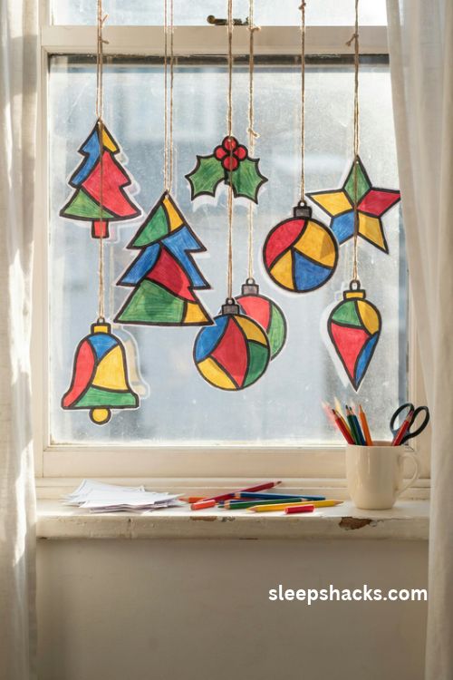 Colored pencil stained glass Christmas ornaments with bold black outlines and glowing colorful paper designs