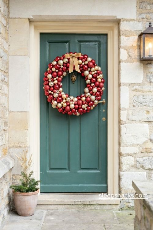 Colorful Christmas ornament wreath in cranberry red champagne gold and ivory on a green front door