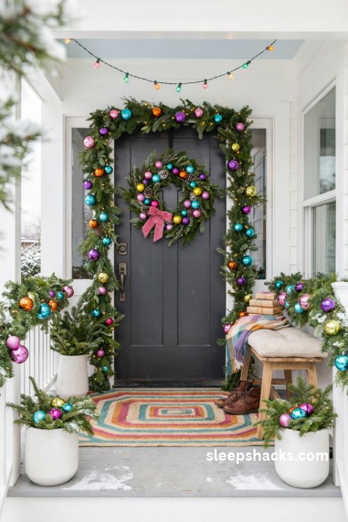 Colorful Christmas porch ideas with bright rainbow ornaments multicolor garland and festive holiday lights