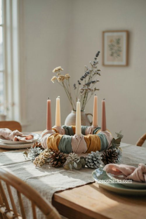 Colorful christmas advent wreath with dusty pink mustard and sage candles