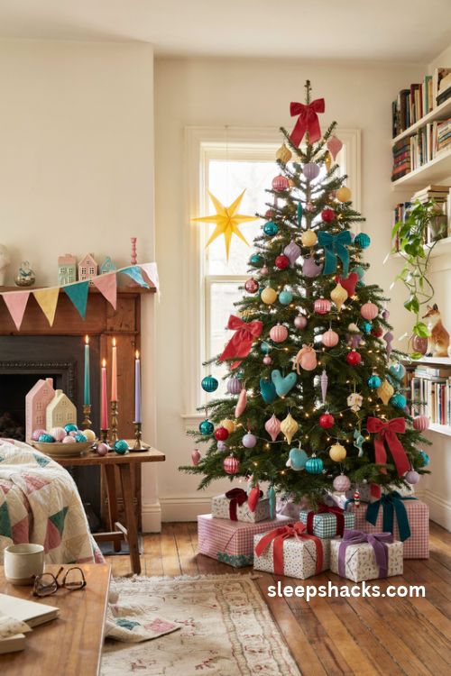 Colorful christmas decorations with playful vintage ornaments and cheerful holiday accents